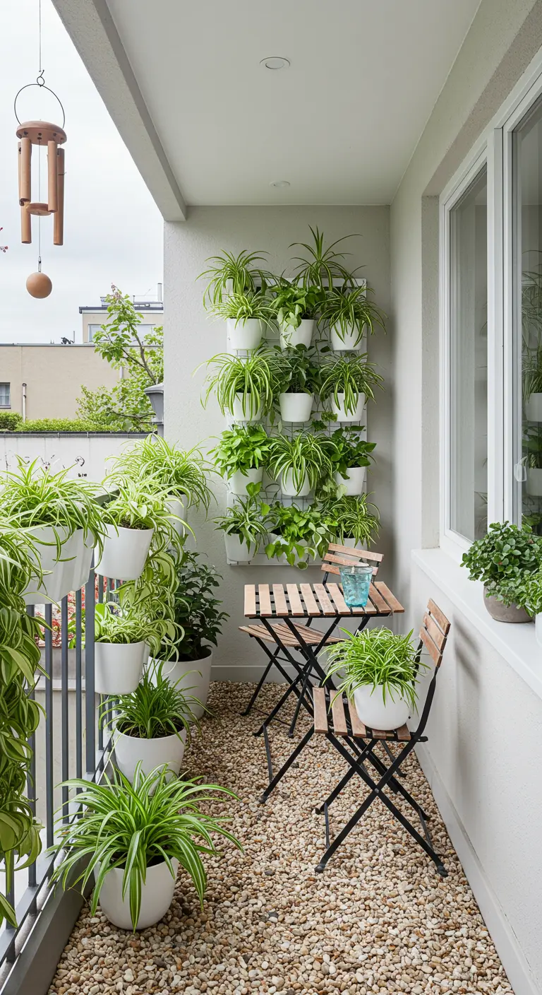 Balcon avec jardin vertical de plantes araignées, table pliable, et sol en gravier clair.