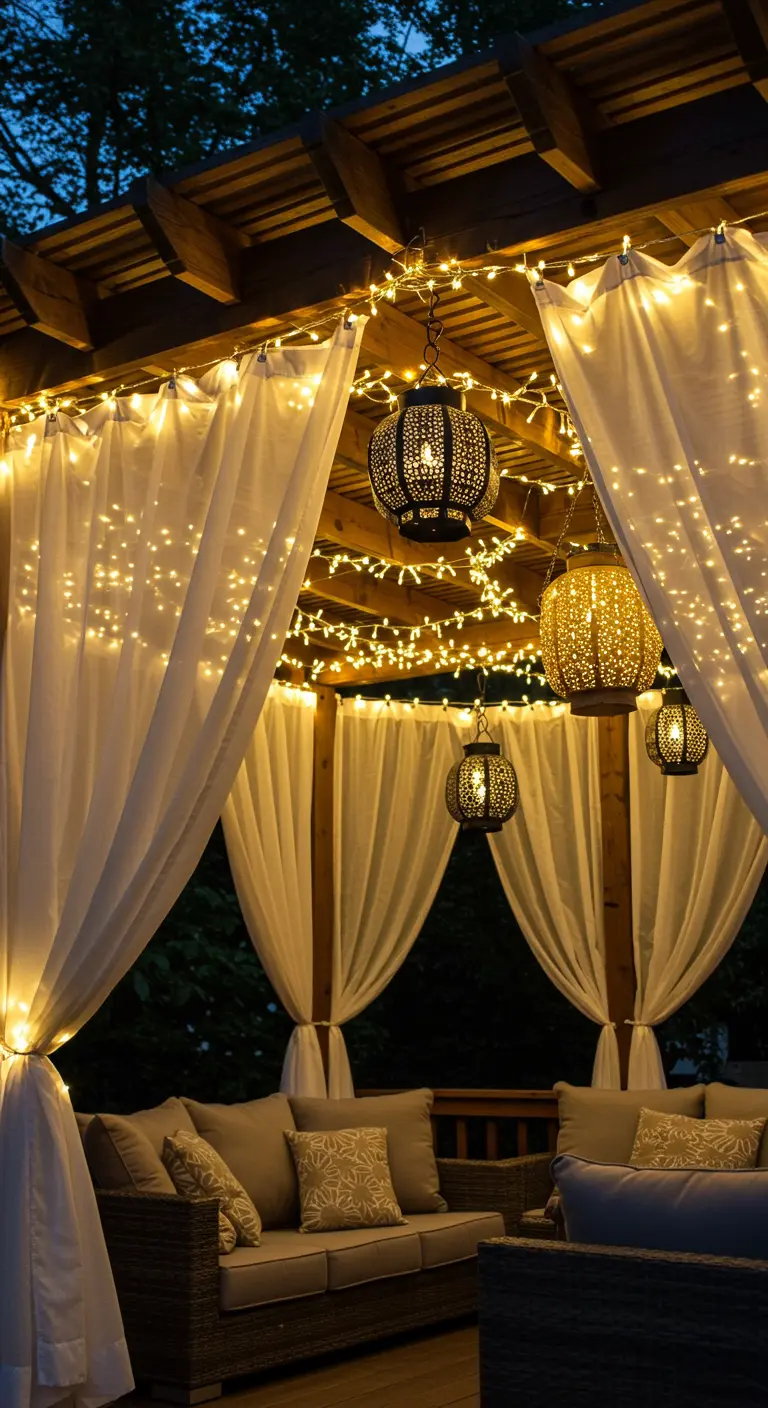 Pergola avec rideaux blancs, guirlandes lumineuses et lanternes orientales suspendues au-dessus d'un salon de jardin.