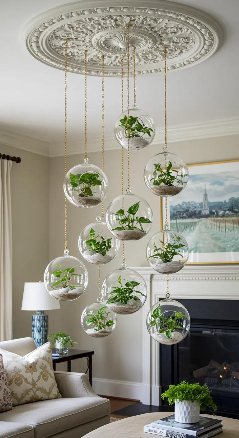 Dix terrariums sphériques avec diverses plantes vertes suspendus par des chaînes dorées à un médaillon de plafond dans un salon élégant.