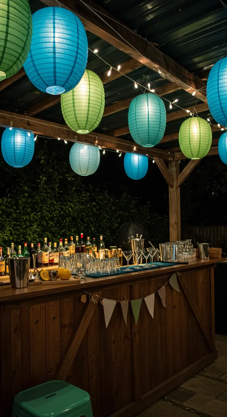 Bar extérieur sous structure couverte avec lampions bleus et verts et guirlandes lumineuses.