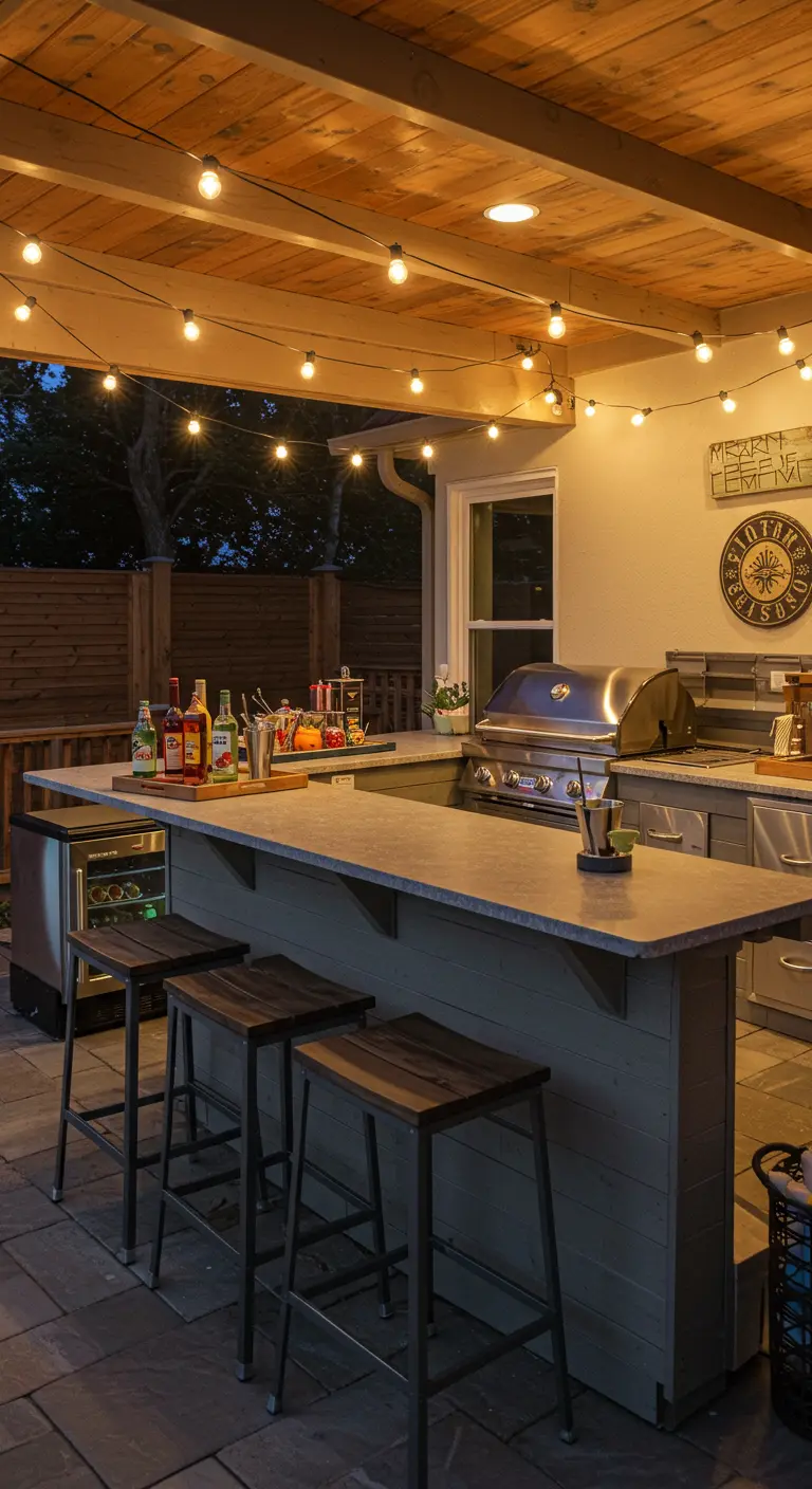 Bar extérieur avec comptoir, barbecue et guirlandes lumineuses suspendues au plafond en bois.