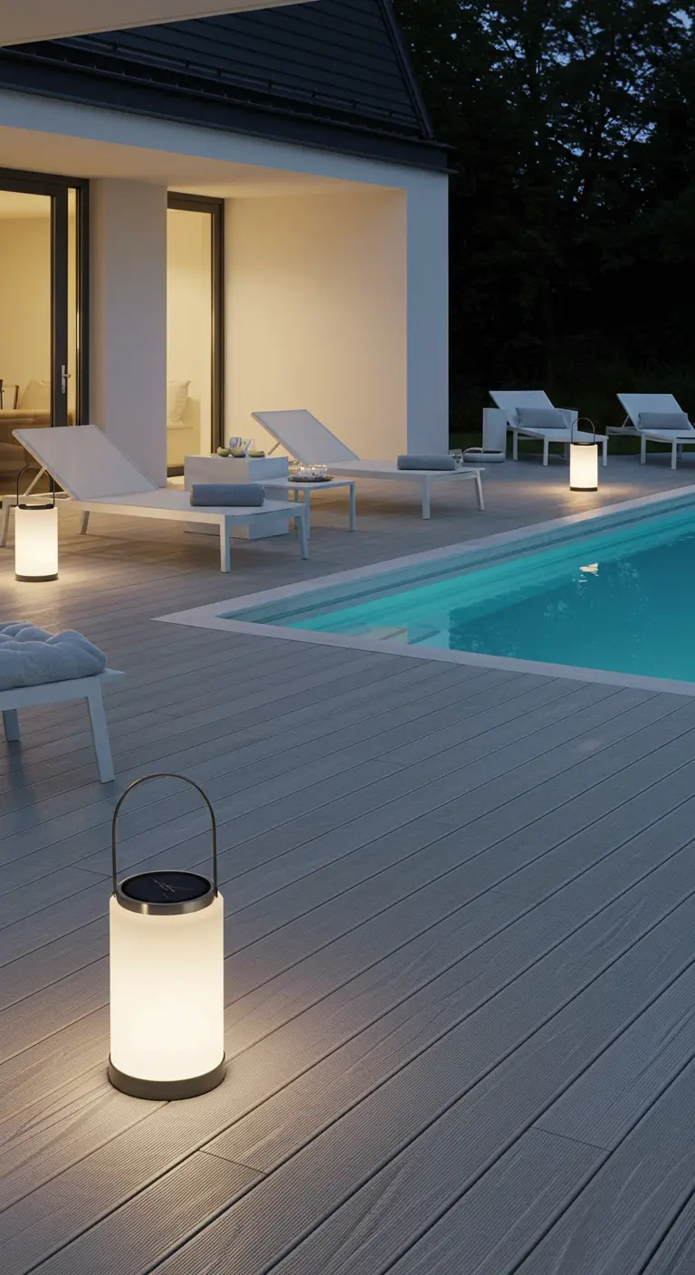 Deck de piscine moderne en bois clair avec des lanternes solaires cylindriques minimalistes.