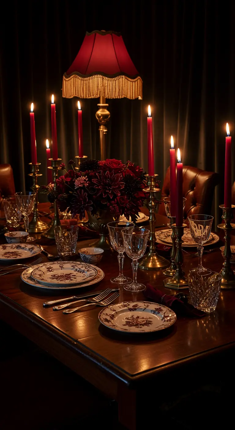 Table de dîner sombre et romantique avec bougies rouges, un bouquet de fleurs bordeaux et une lampe vintage.