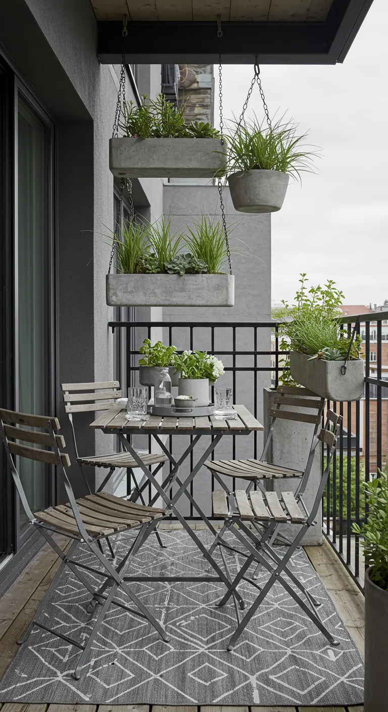 Balcon moderne avec mobilier en bois, tapis géométrique gris, jardinières suspendues en béton.
