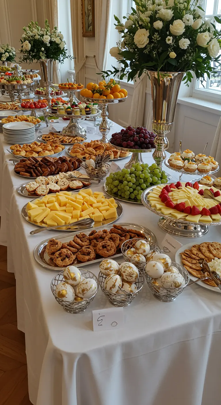 Grand buffet élégant avec plats variés et bols d'œufs blancs et dorés.