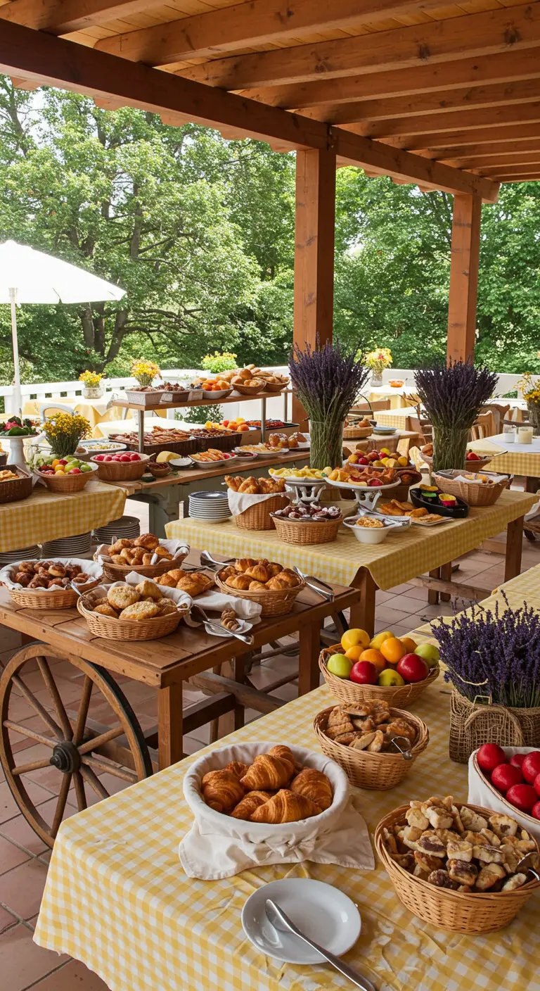 Grand buffet de petit-déjeuner avec nappes à carreaux jaunes, paniers de viennoiseries et fruits.