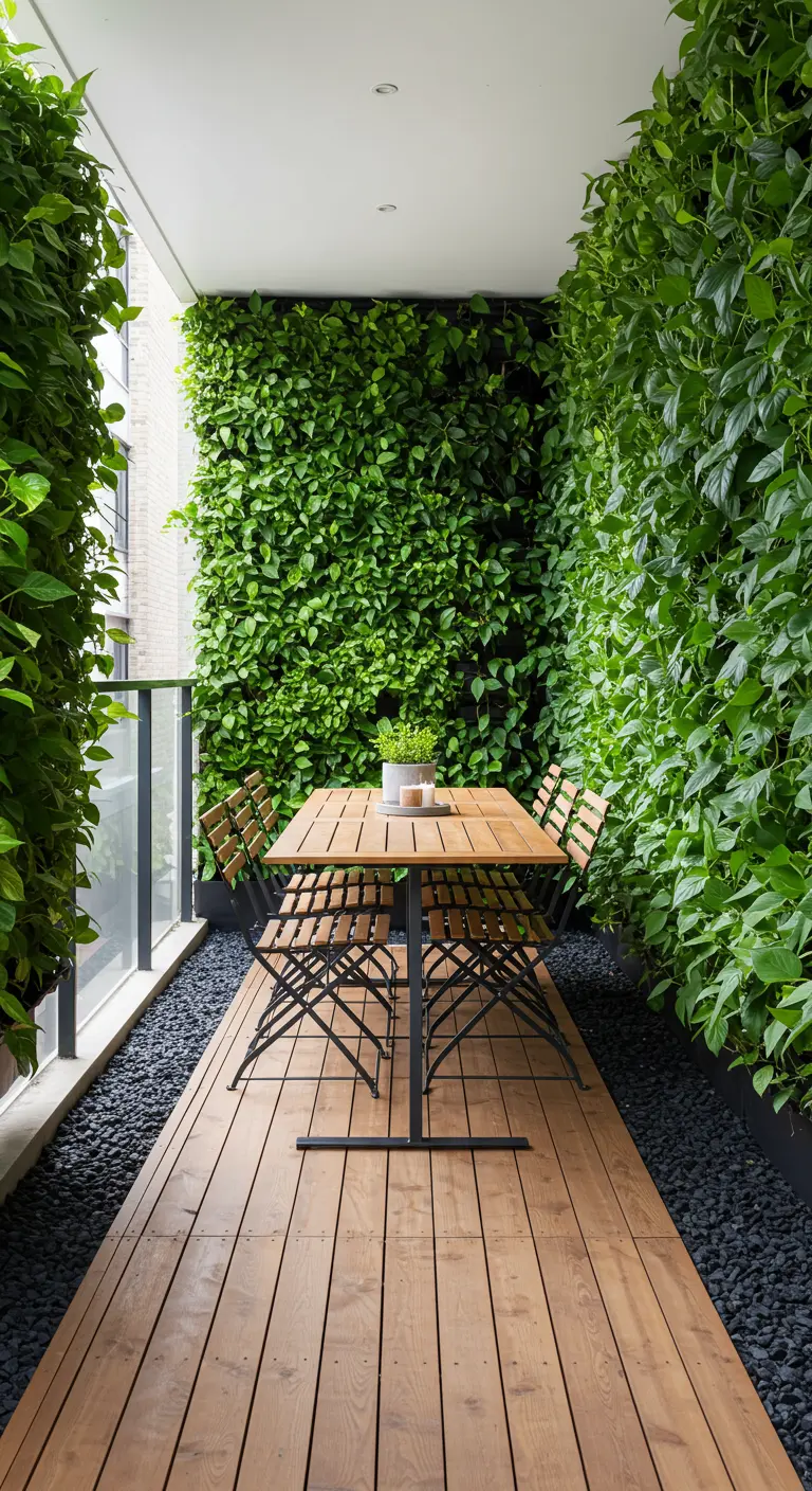 Balcon étroit avec murs végétaux des deux côtés, table et chaises en bois, et gravier noir.
