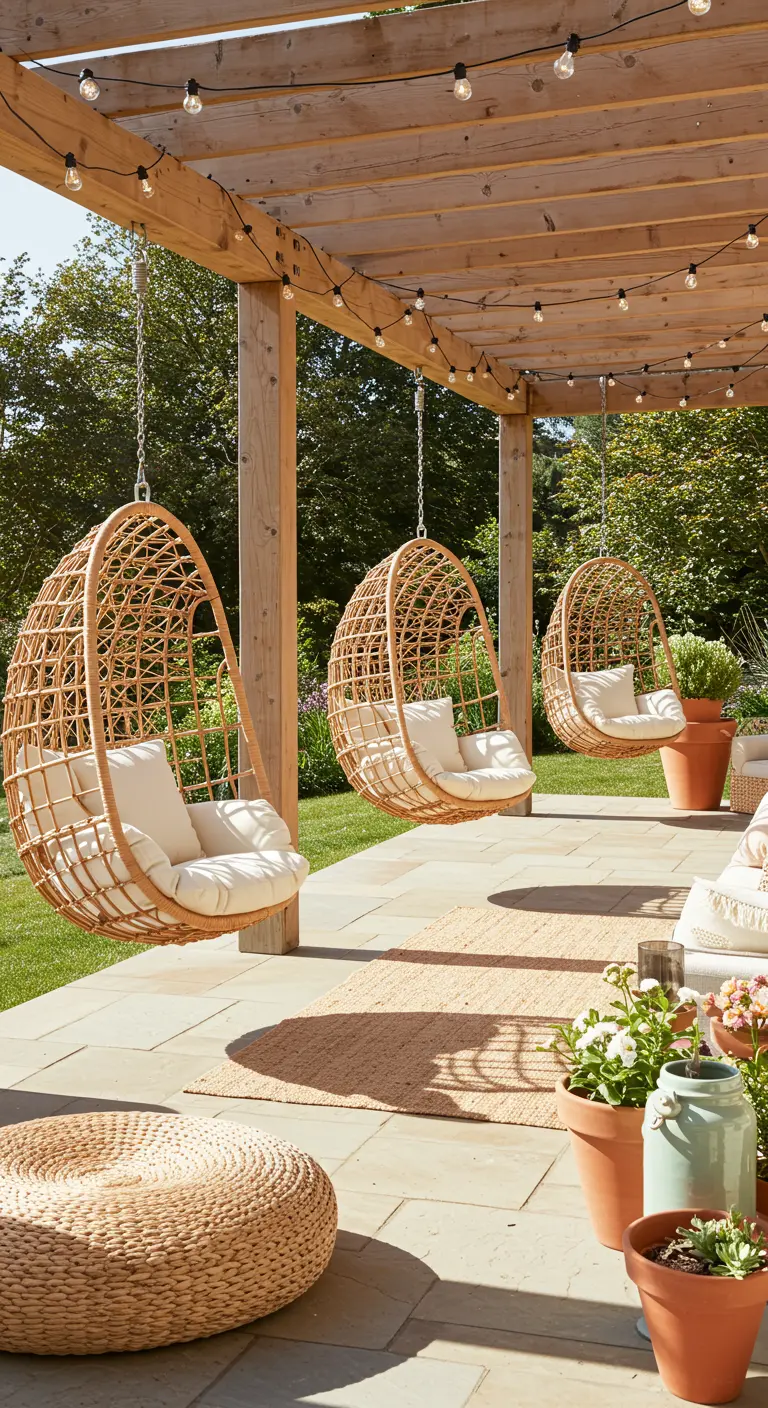 Trois fauteuils suspendus en rotin sous une pergola en bois avec des guirlandes lumineuses.