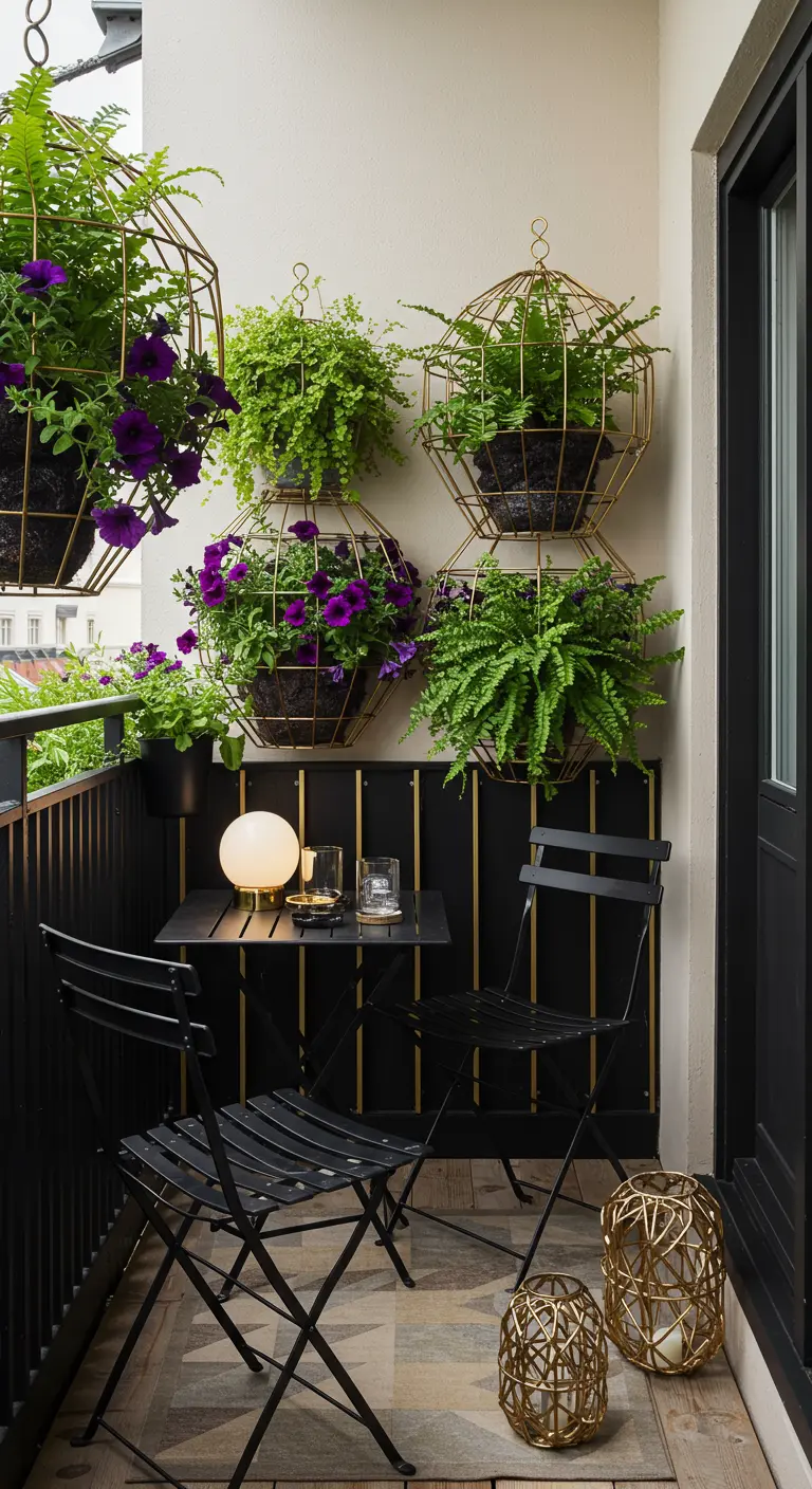 Balcon moderne avec cages métalliques dorées suspendues contenant des plantes vertes et pourpres