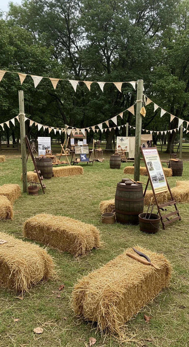 Campement historique en plein air avec bottes de foin, tonneaux, panneaux informatifs et guirlandes claires.