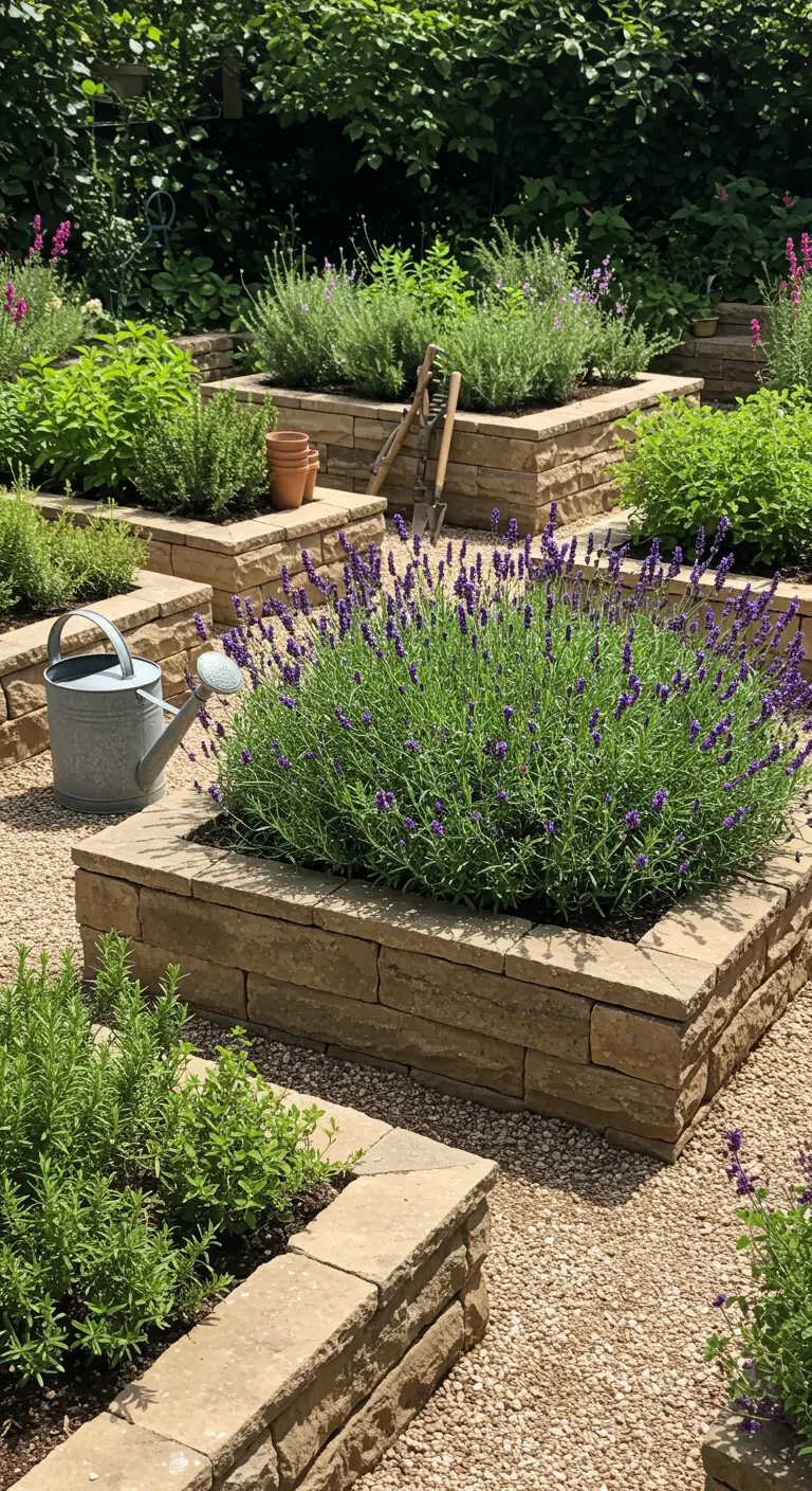 Carrés potagers surélevés en pierre avec lavande et herbes aromatiques, arrosoir.
