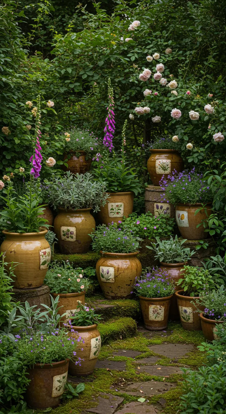 Jardins luxuriants avec des pots décoratifs jaunes et violets et des roses grimpantes.