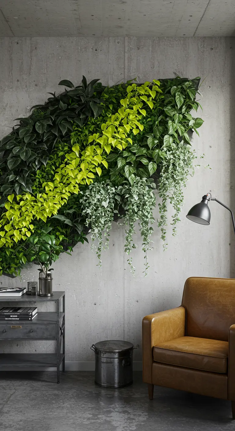 Mur végétal incliné sur un mur en béton, avec des plantes vert clair et retombantes.