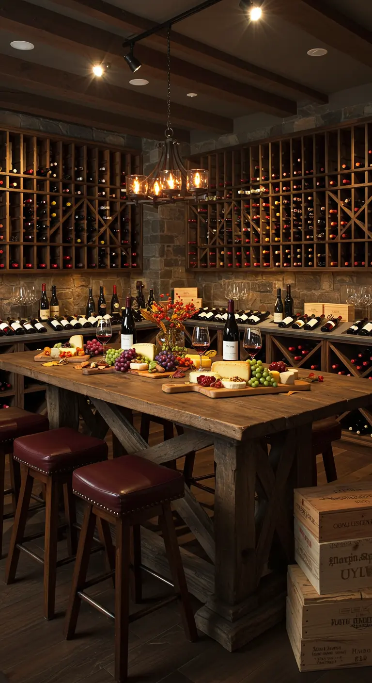 Cave à vins avec étagères en bois, longue table rustique et plateaux de fromages et fruits.