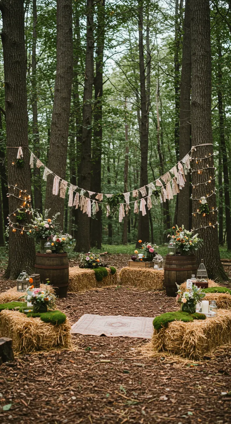 Cérémonie en forêt avec autel en bois, bottes de foin décorées de mousse, tonneaux fleuris et guirlandes lumineuses.