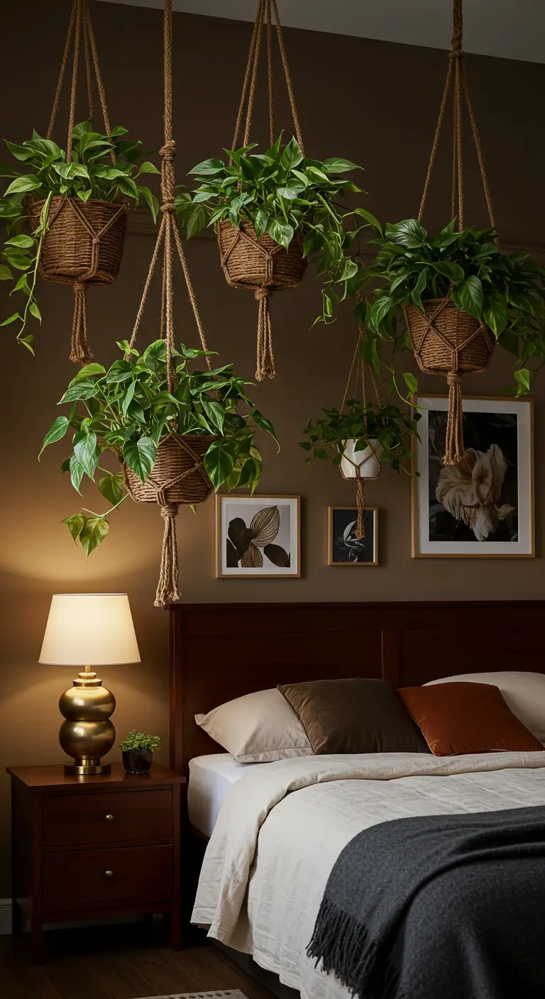Chambre aux murs sombres et mobilier en bois, avec quatre paniers suspendus en rotin remplis de plantes tombantes.