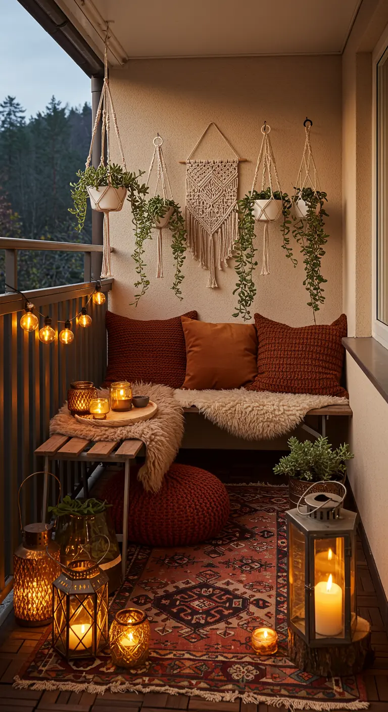 Balcon chaleureux avec plaid, coussins terre cuite, nombreuses lanternes et lumières