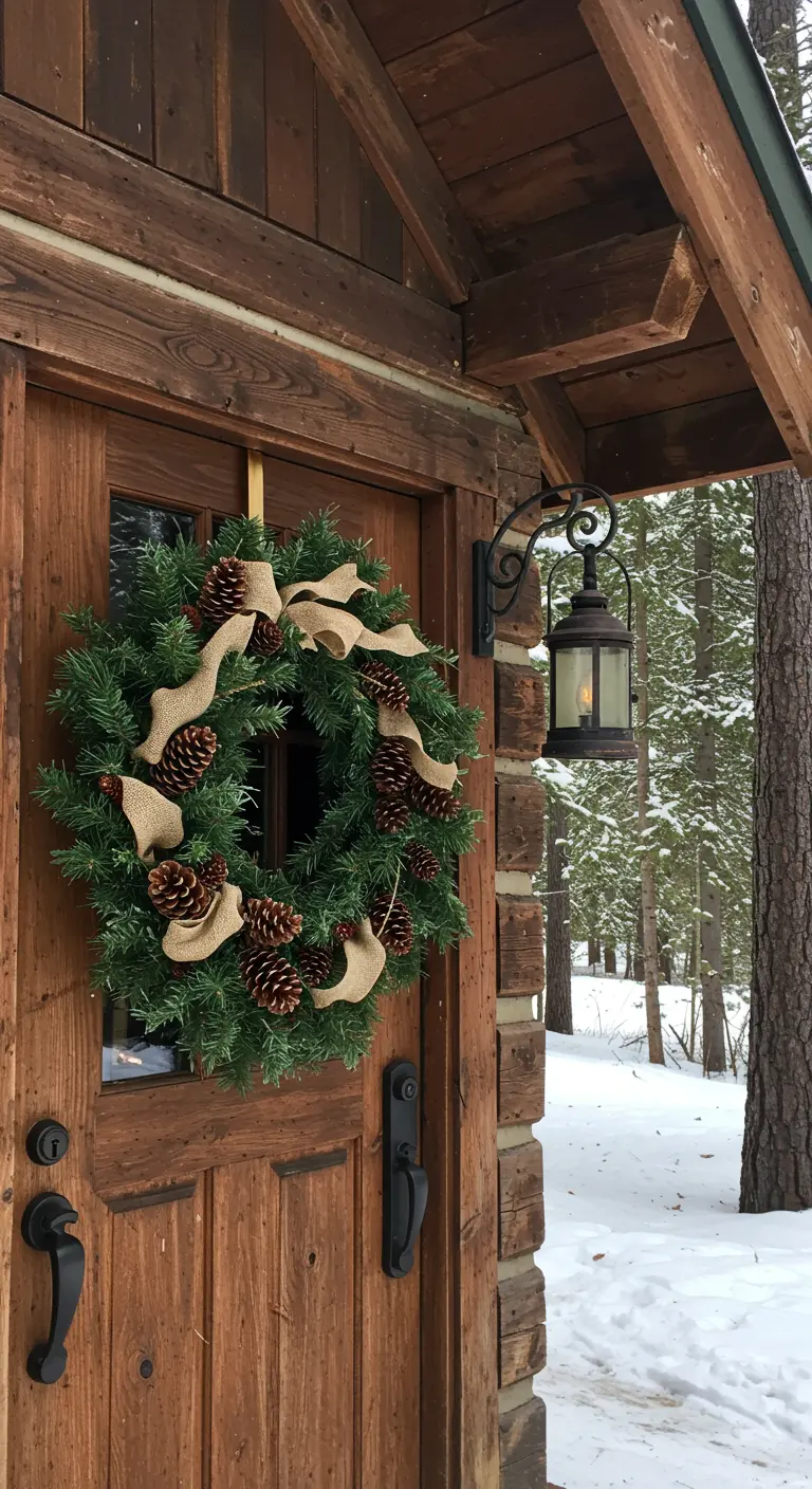 Couronne de sapin et pommes de pin avec ruban en toile de jute sur porte en bois de chalet.