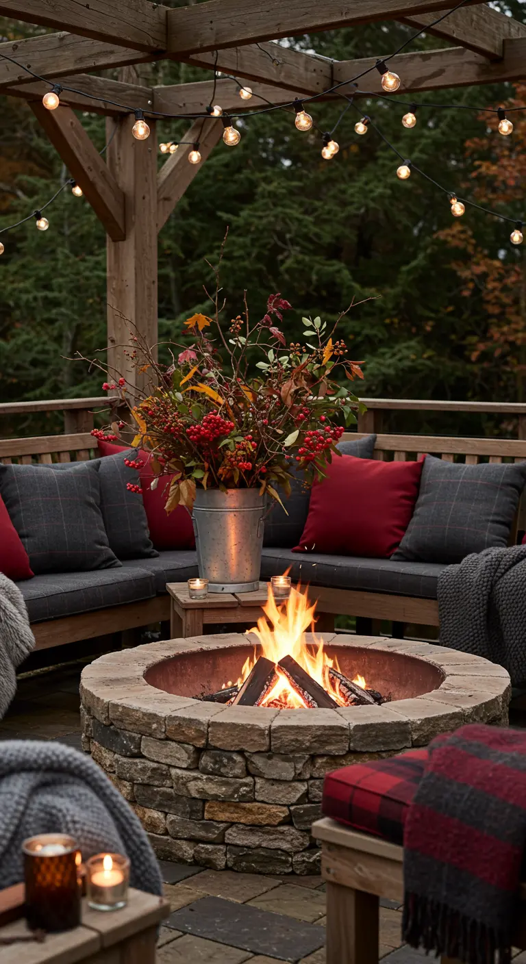 Terrasse d'automne avec brasero en pierre, canapé à carreaux, plaid rouge et bouquet de baies d'automne.