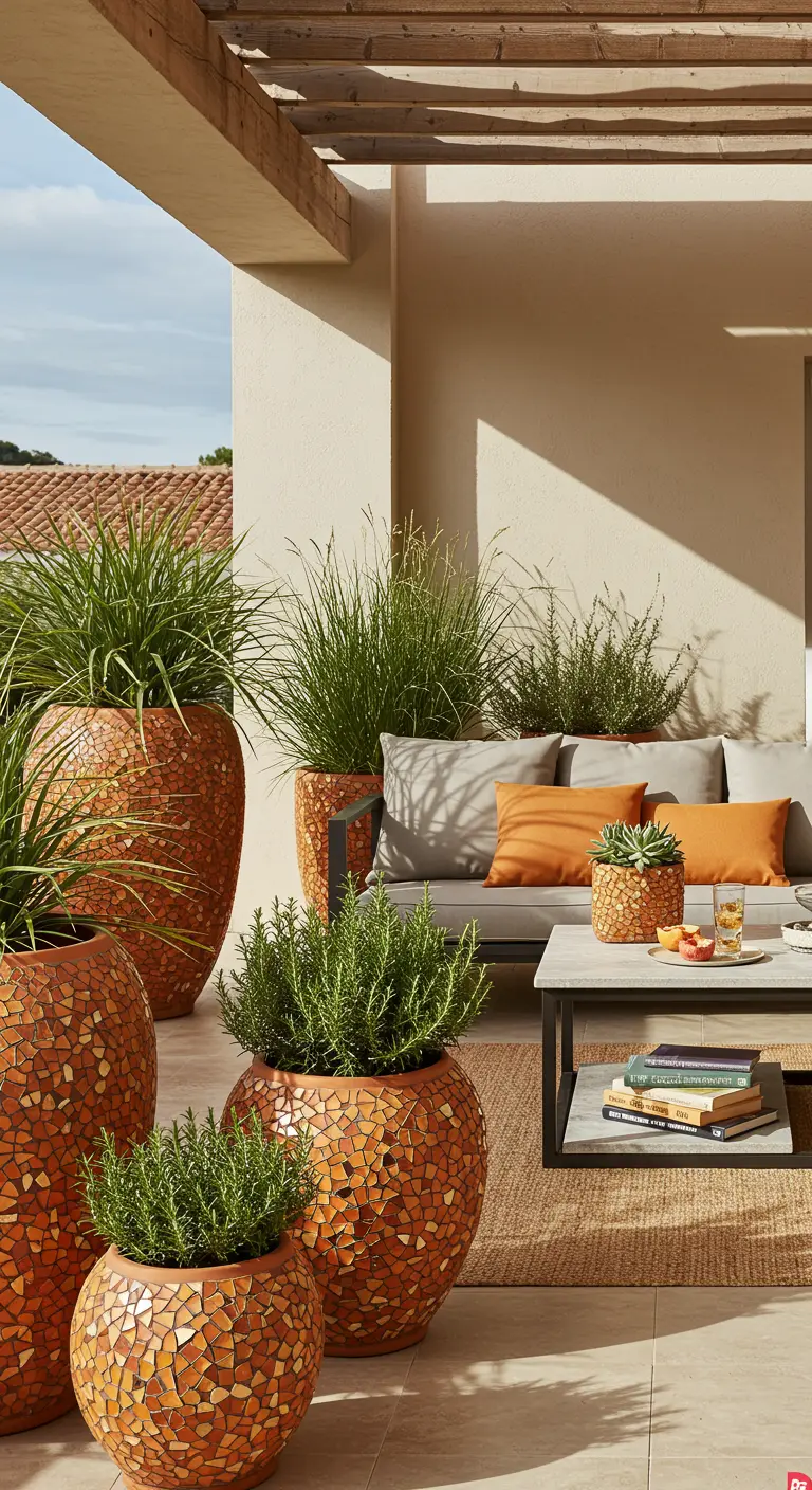 Terrasse couverte avec de grands pots mosaïque orange et bruns, herbes et romarin, mobilier neutre.