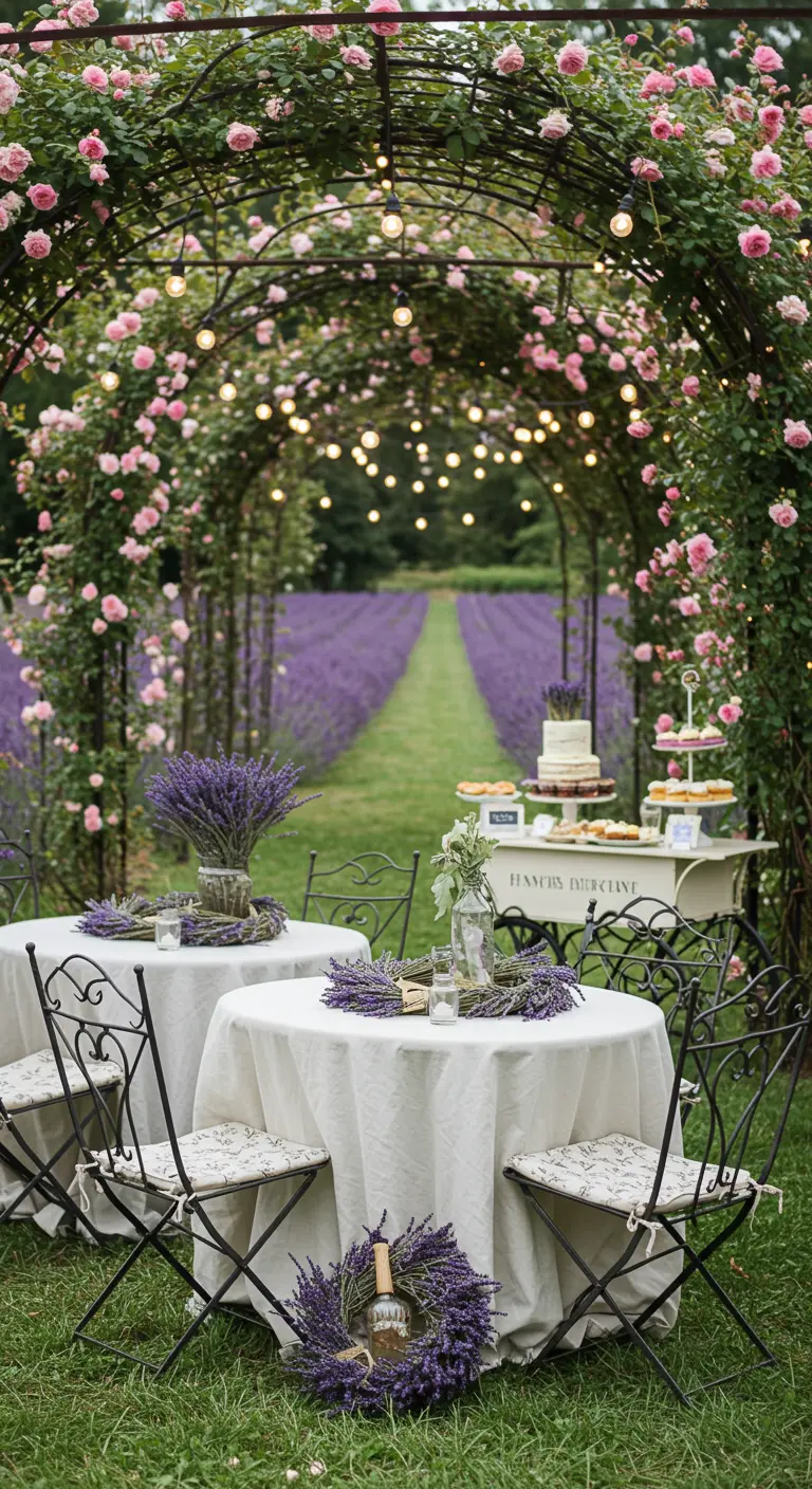Fête dans un champ de lavande avec arche de roses, tables blanches et bouquets de lavande.