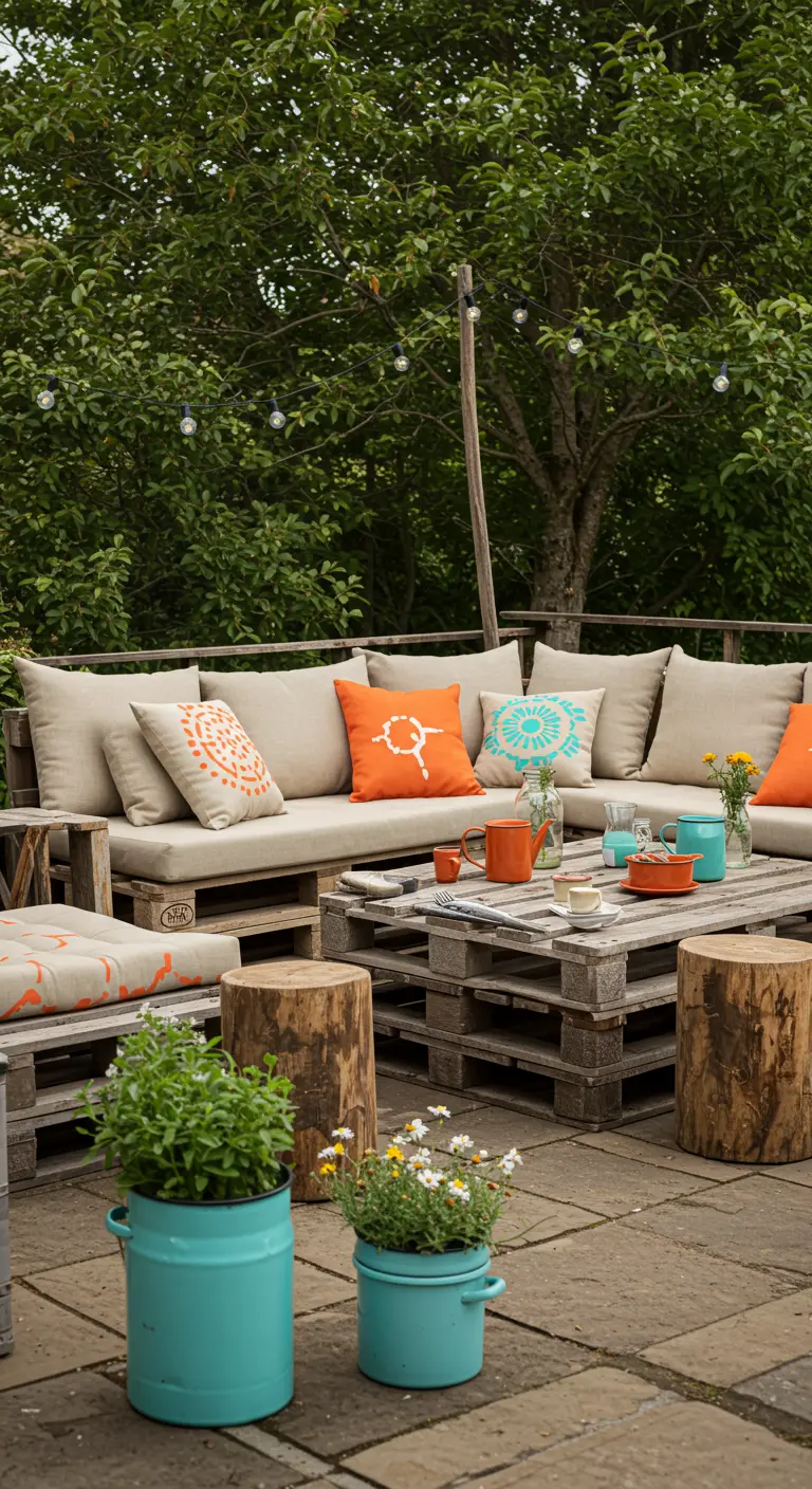 Salon de jardin palettes brutes, coussins beige/orange/turquoise, tabourets rondins de bois.