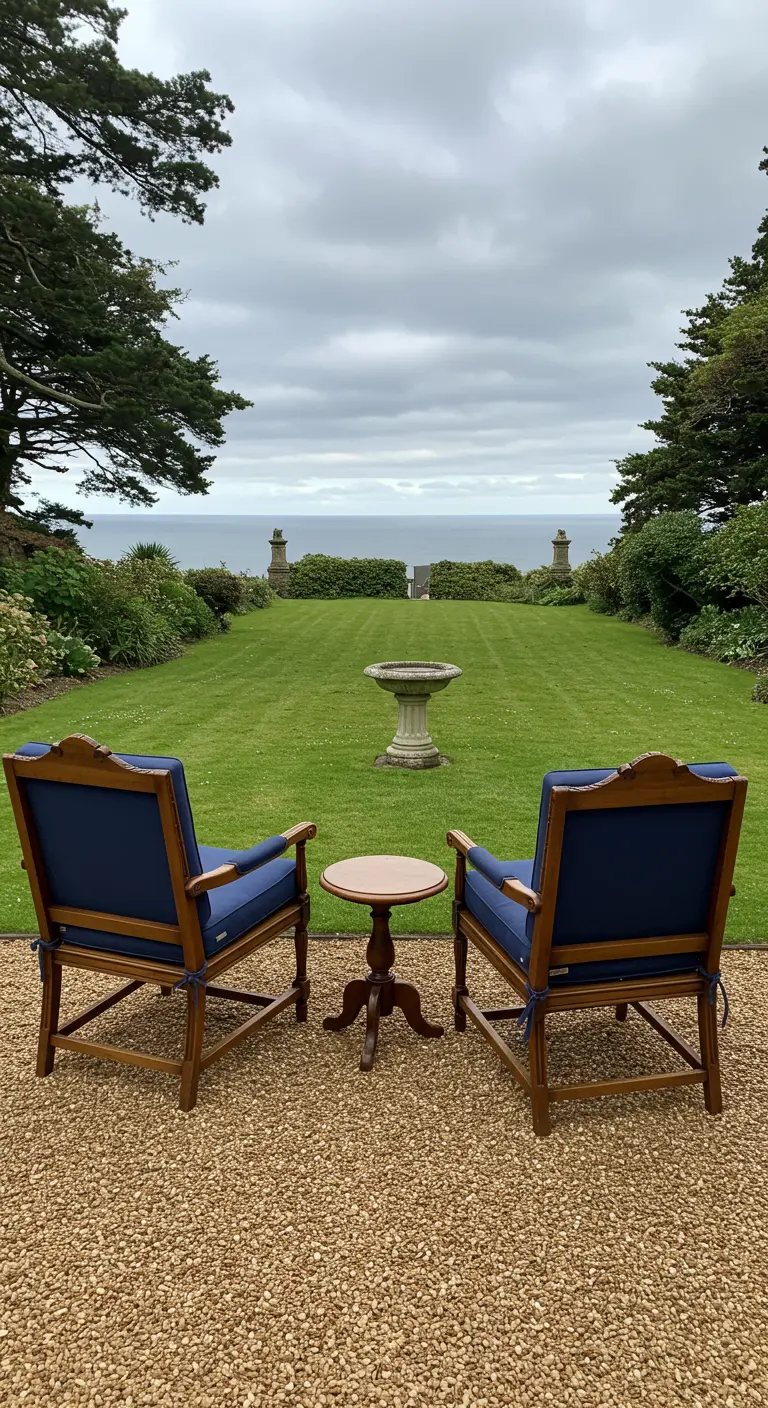 Deux fauteuils classiques en bois foncé et coussins bleus, petite table, jardin à l'anglaise, vue sur la mer.
