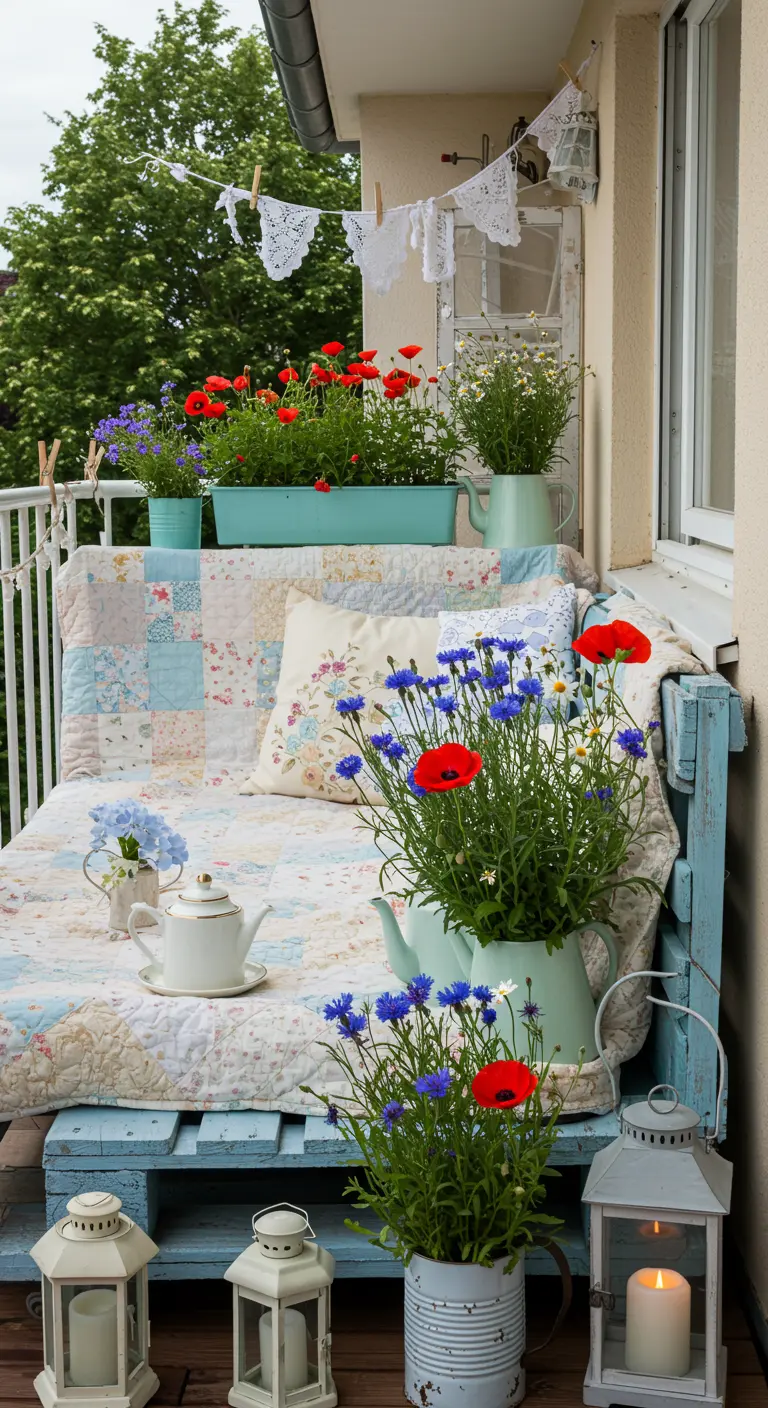 Balcon champêtre avec un banc en palettes bleues patinées, plaid patchwork, coquelicots, bleuets et lanternes.