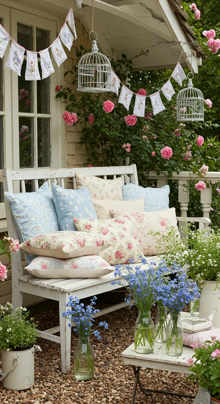 Banc blanc sur une terrasse, coussins pastels fleuris, myosotis en bouteilles et guirlande en tissu.