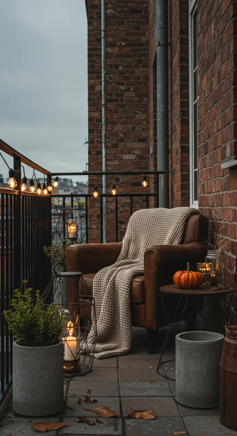 Petit balcon urbain avec un fauteuil en cuir, guirlande LED, lanternes géométriques et décoration d'automne.