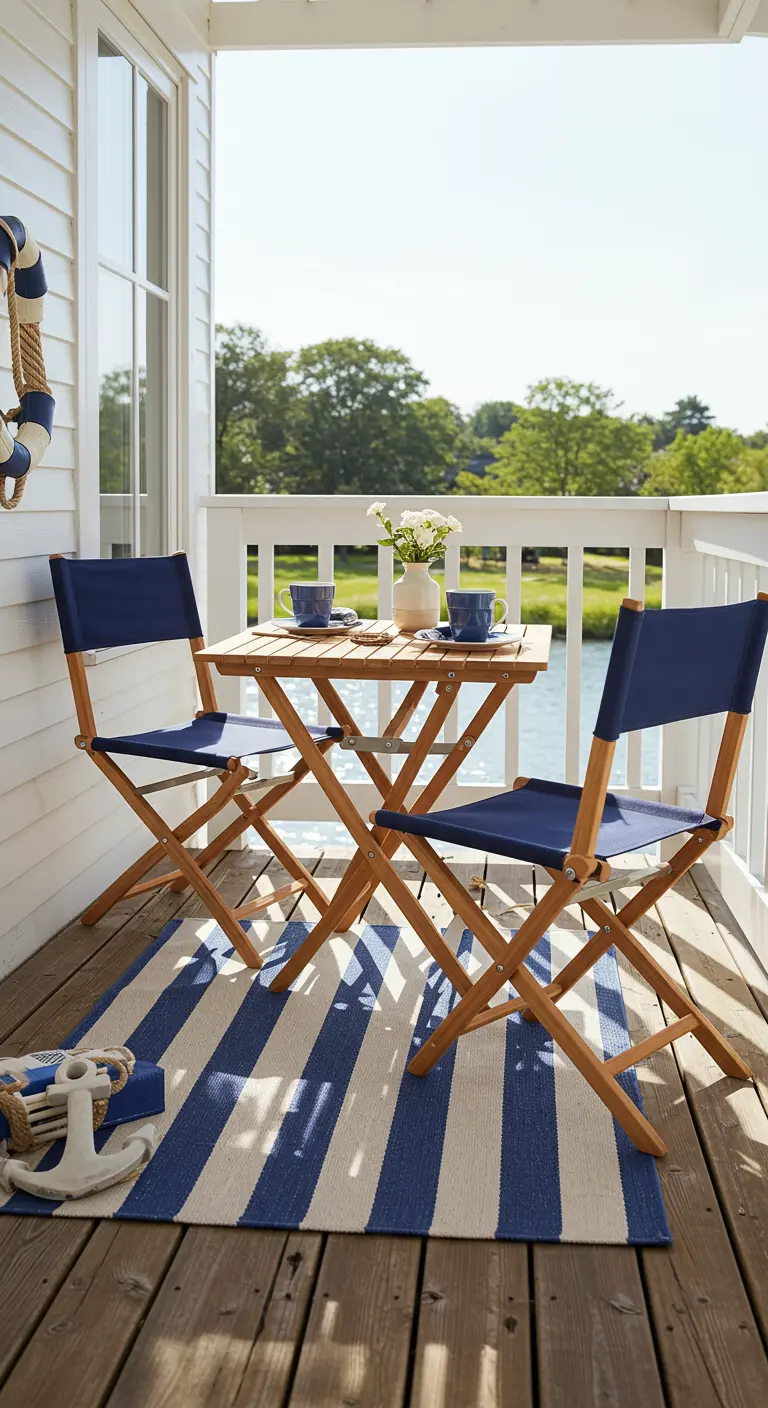 Balcon avec mobilier pliant en bois et toile bleue, tapis rayé bleu et blanc, décorations nautiques.