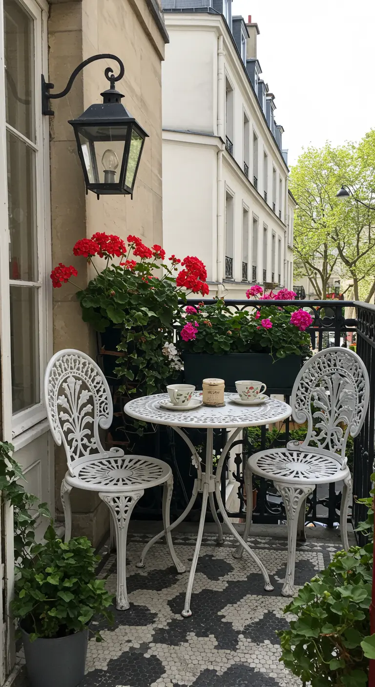 Petit balcon parisien avec table et chaises en fer forgé blanc, géraniums rouges.