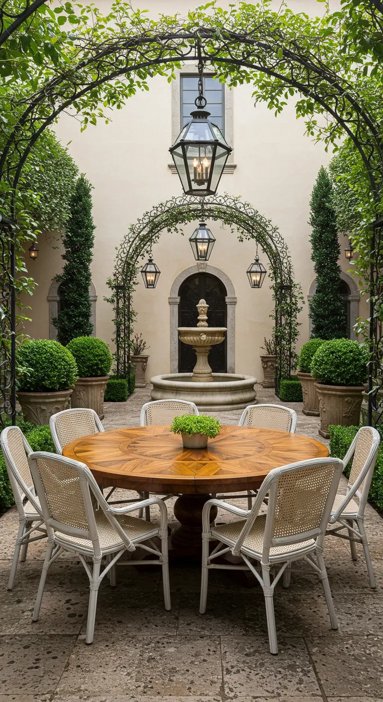 Table ronde en bois, chaises tressées blanches sous une arche de verdure, avec fontaine dans un patio.