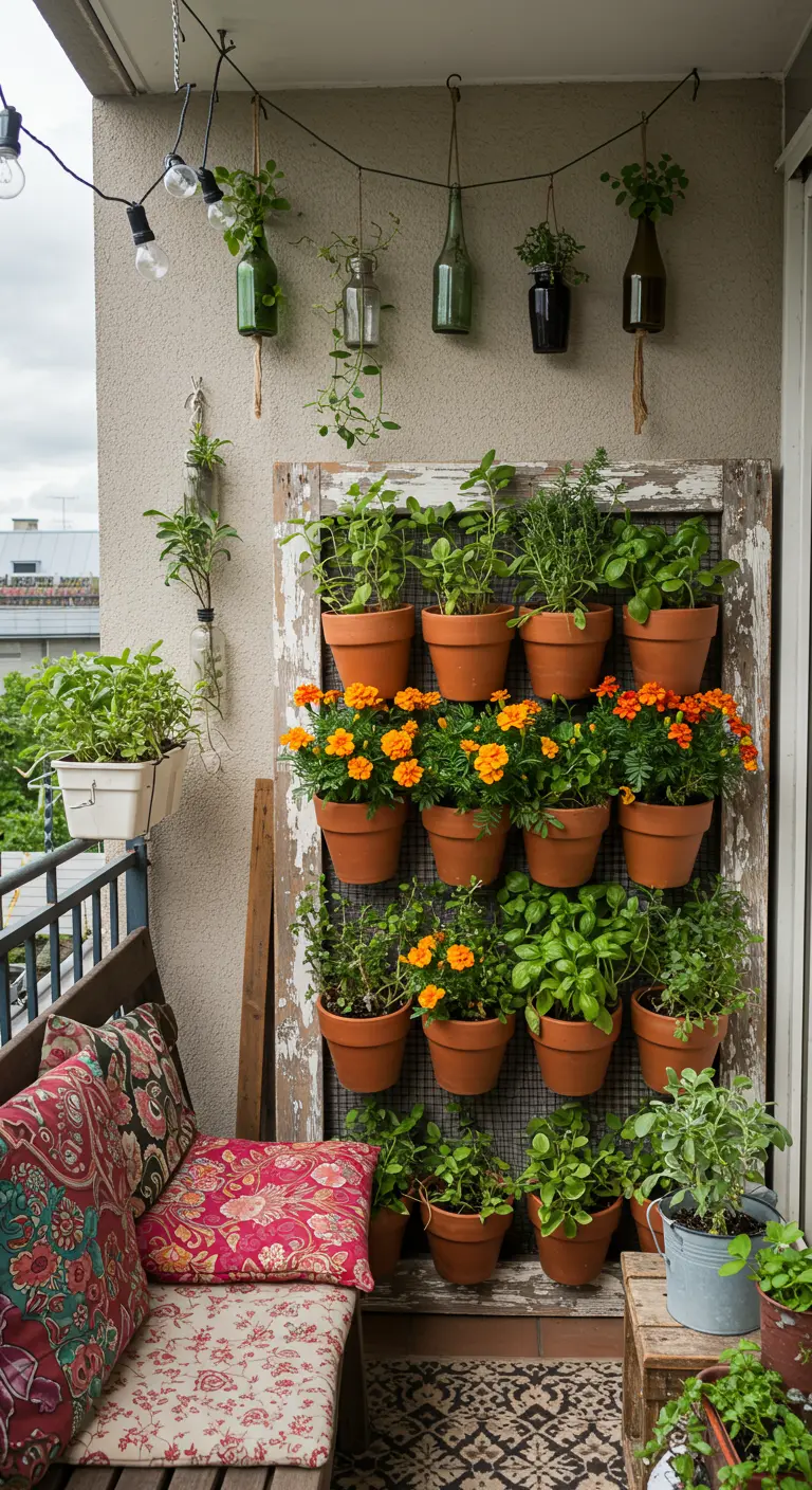 Balcon avec un jardin vertical DIY sur un vieux cadre en bois, herbes et soucis, coussins colorés.