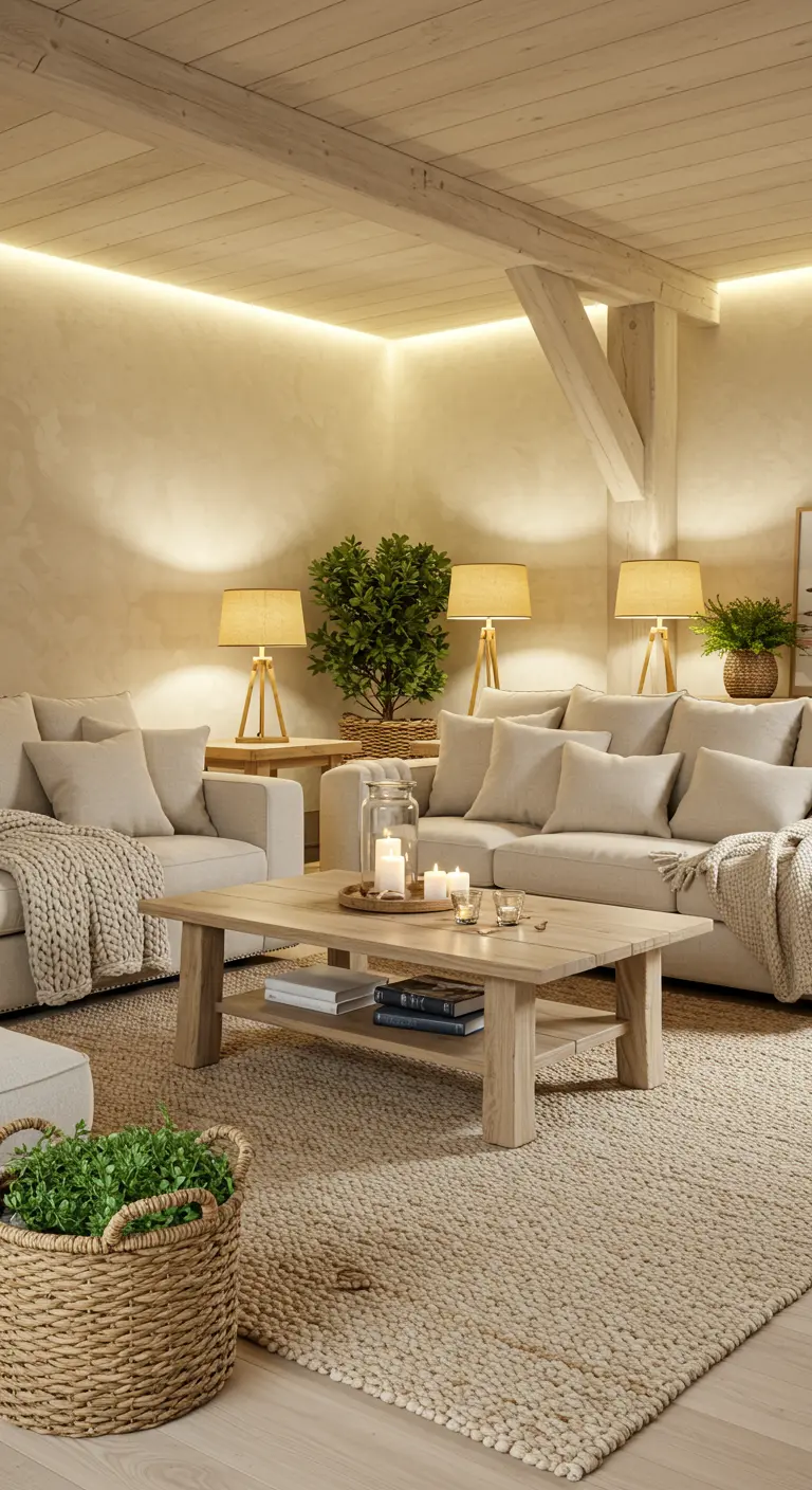Salon rustique chic, poutres bois, canapés crème, table basse, tapis jute, nombreuses lampes.