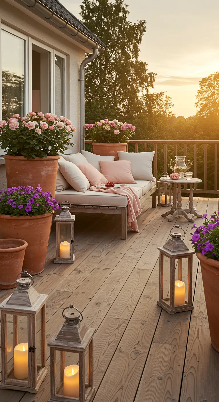 Grande terrasse en bois avec canapé extérieur, hortensias roses et lanternes rustiques au lever du soleil.