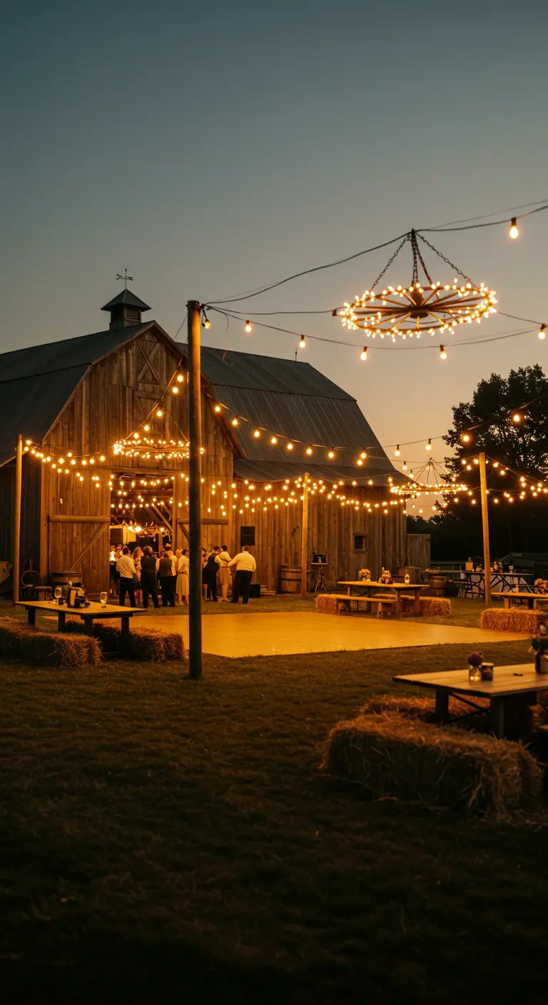 Grange en bois rustique illuminée par des guirlandes guinguettes, avec une piste de danse extérieure et des bottes de foin.