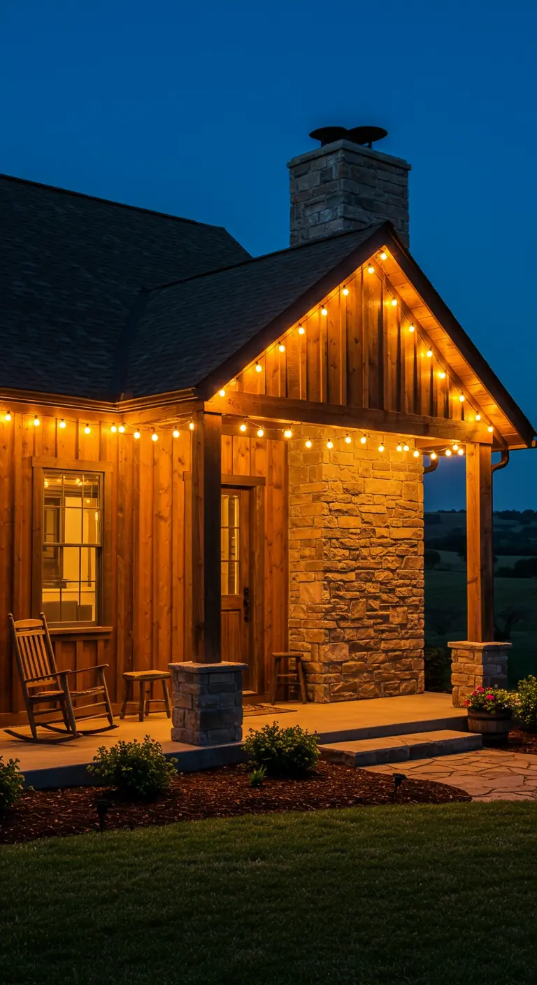 Cabane en bois rustique avec porche illuminé par des guirlandes lumineuses chaudes.