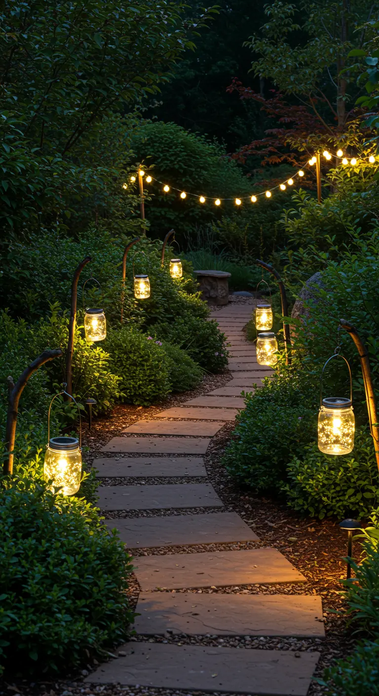 Allée de jardin éclairée par des guirlandes et des bocaux lumineux suspendus sur des piquets.