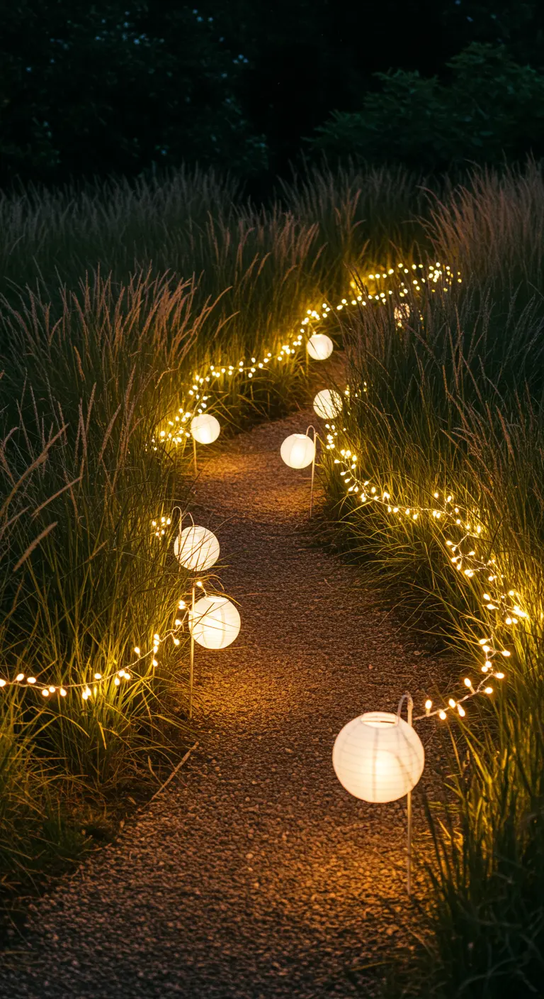 Chemin de jardin sinueux à travers l'herbe haute, illuminé par des guirlandes et des lampions sur piquets.