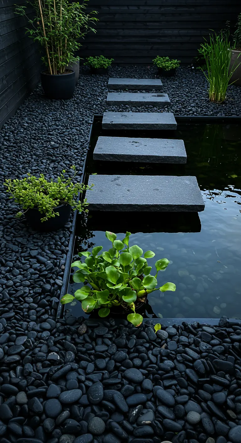 Chemin de dalles flottantes sur un bassin noir, entouré de gravier sombre et de plantes.