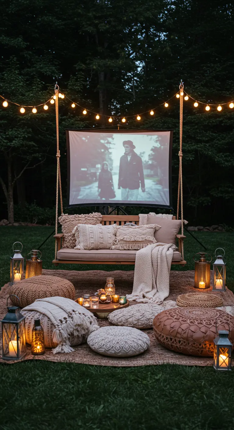 Balançoire en bois, écran de projection, guirlandes, coussins, plaids, tapis pour cinéma extérieur.