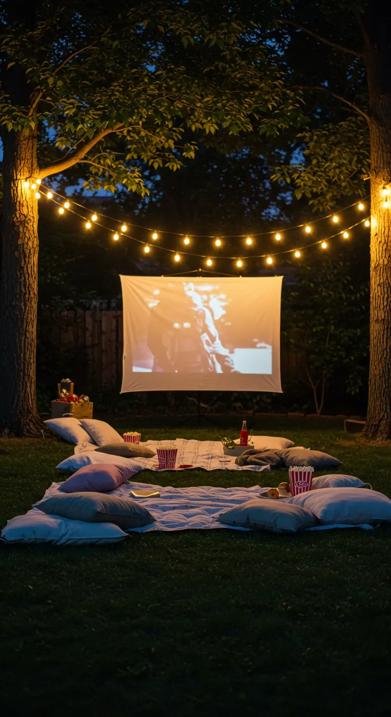 Écran de cinéma en plein air suspendu entre des arbres, encadré de guirlandes lumineuses, avec des coussins au sol.