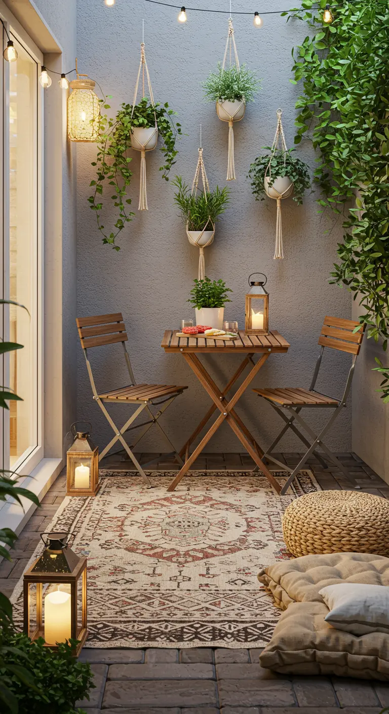 Petite terrasse avec table et chaises pliantes en bois, suspensions macramé et tapis bohème.