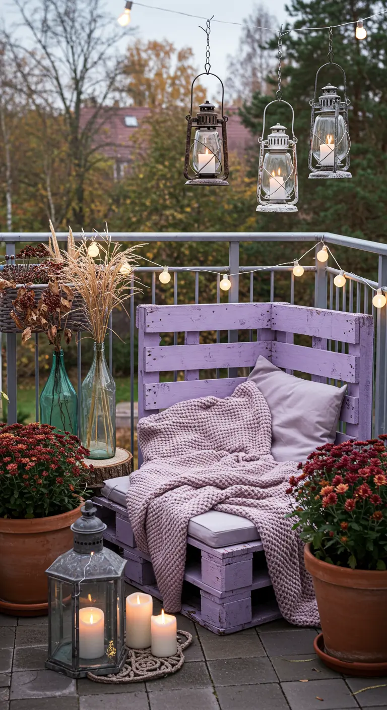 Balcon en automne avec un banc en palettes lilas, plaid douillet, lanternes et chrysanthèmes rouges.