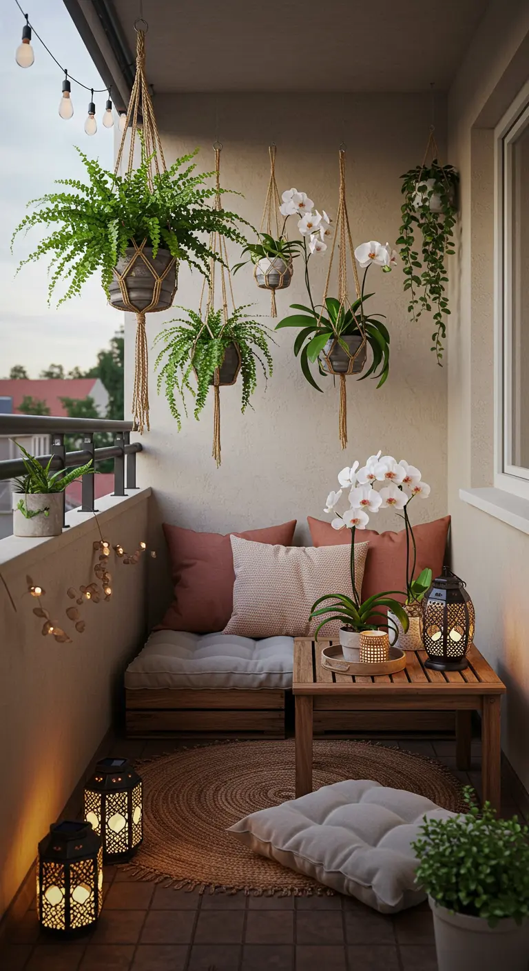 Balcon cosy avec suspensions de fougères et d'orchidées, banc en palettes et lumières douces