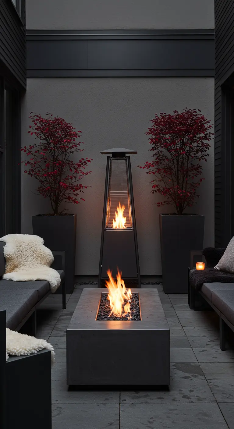 Patio moderne en hiver avec foyer, réchaud de terrasse et mobilier gris minimaliste.