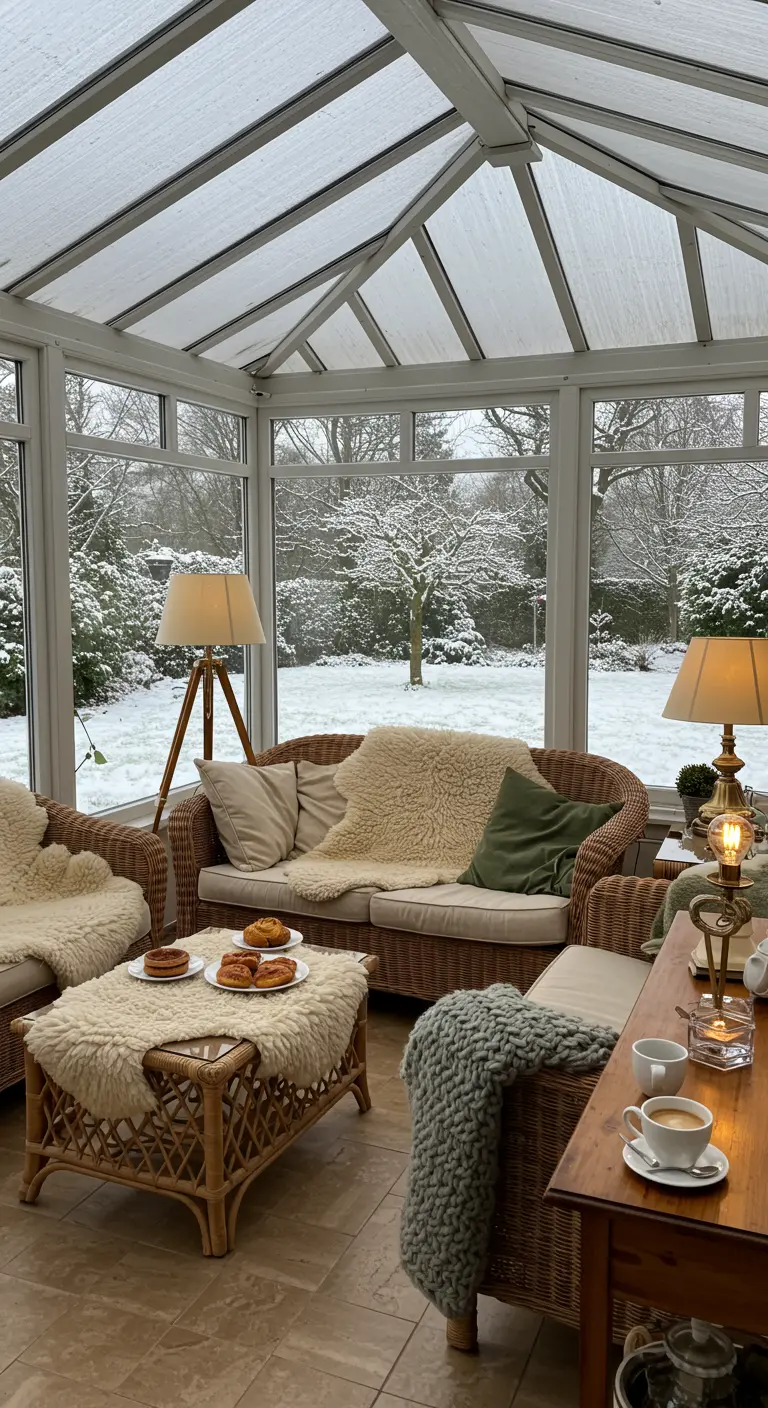 Véranda avec mobilier en osier, peaux de mouton et vue sur la neige.