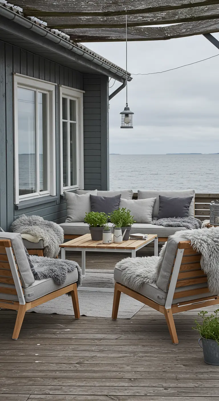 Salon de terrasse nordique, meubles gris et bois, peaux de mouton, vue mer sous un ciel gris.