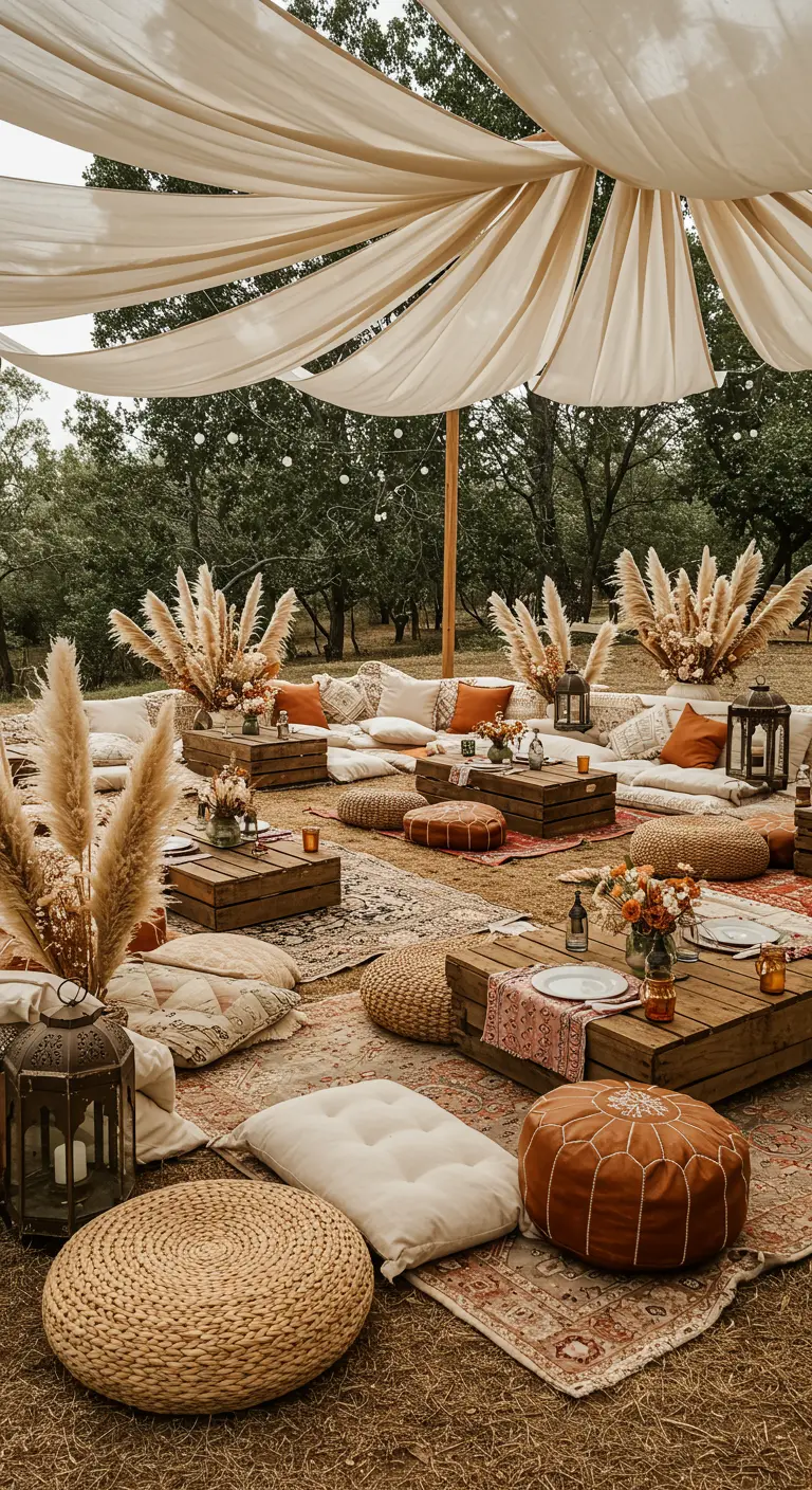 Salon de jardin bohème avec coussins, poufs, tapis orientaux et herbes de la pampa.